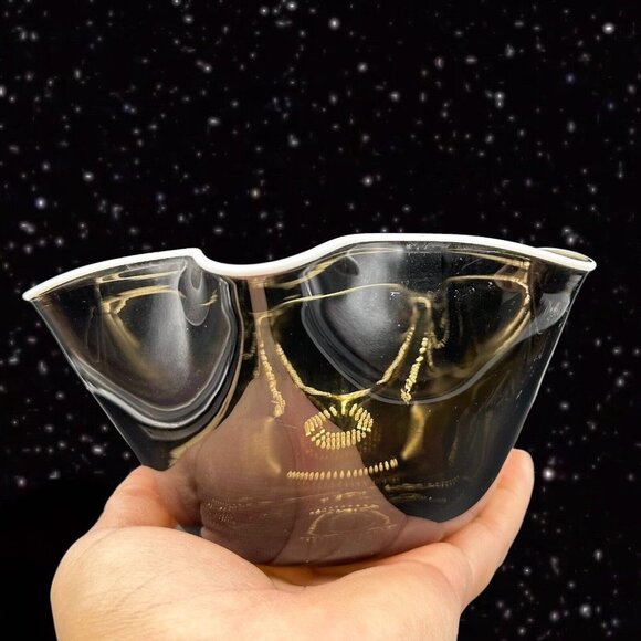 Czech Art Glass Handkerchief Bowl Smokey Olive Green White Ruffles Bohemian 3”T - Picture 3 of 12